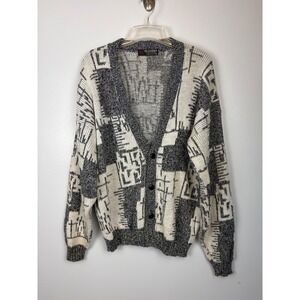 Scandia Vintage 90s Abstract Geometric Patchwork Cardigan Sweater Mens XL USA